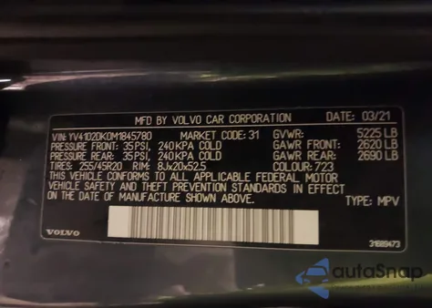 2021 Volvo Xc60 T5 Momentum z USA, uszkodzony, nr VIN YV4102DK0M1845780